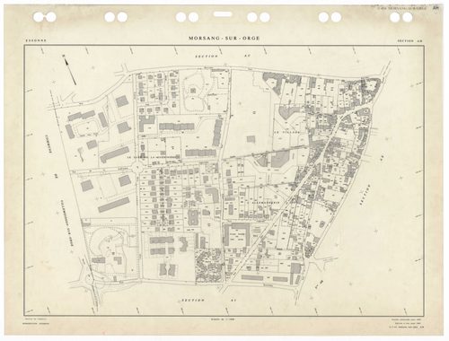 MORSANG-SUR-ORGE, plans minutes de conservation : tableau d'assemblage,1959, Ech. 1/5000 ; plans des sections AB, AC, AD, AE, AH, AI, AK, AL, AM, AN, AO, AP, AR, AS, AT, AV, AW, 1959, Ech. 1/1000. Polyester. N et B. Dim. 105 x 80 cm [18 plans]. 
