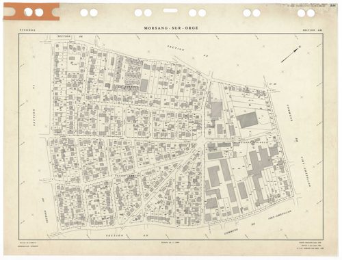 MORSANG-SUR-ORGE, plans minutes de conservation : tableau d'assemblage,1959, Ech. 1/5000 ; plans des sections AB, AC, AD, AE, AH, AI, AK, AL, AM, AN, AO, AP, AR, AS, AT, AV, AW, 1959, Ech. 1/1000. Polyester. N et B. Dim. 105 x 80 cm [18 plans]. 