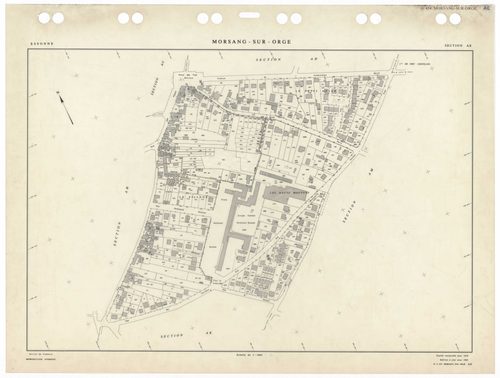 MORSANG-SUR-ORGE, plans minutes de conservation : tableau d'assemblage,1959, Ech. 1/5000 ; plans des sections AB, AC, AD, AE, AH, AI, AK, AL, AM, AN, AO, AP, AR, AS, AT, AV, AW, 1959, Ech. 1/1000. Polyester. N et B. Dim. 105 x 80 cm [18 plans]. 
