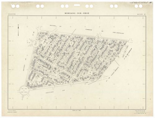 MORSANG-SUR-ORGE, plans minutes de conservation : tableau d'assemblage,1959, Ech. 1/5000 ; plans des sections AB, AC, AD, AE, AH, AI, AK, AL, AM, AN, AO, AP, AR, AS, AT, AV, AW, 1959, Ech. 1/1000. Polyester. N et B. Dim. 105 x 80 cm [18 plans]. 