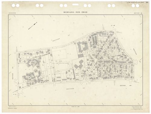 MORSANG-SUR-ORGE, plans minutes de conservation : tableau d'assemblage,1959, Ech. 1/5000 ; plans des sections AB, AC, AD, AE, AH, AI, AK, AL, AM, AN, AO, AP, AR, AS, AT, AV, AW, 1959, Ech. 1/1000. Polyester. N et B. Dim. 105 x 80 cm [18 plans]. 