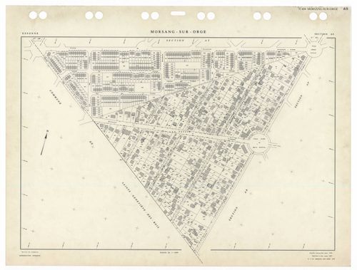 MORSANG-SUR-ORGE, plans minutes de conservation : tableau d'assemblage,1959, Ech. 1/5000 ; plans des sections AB, AC, AD, AE, AH, AI, AK, AL, AM, AN, AO, AP, AR, AS, AT, AV, AW, 1959, Ech. 1/1000. Polyester. N et B. Dim. 105 x 80 cm [18 plans]. 