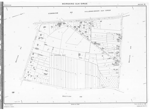 MORSANG-SUR-ORGE. - Cadastre révisé pour 1959 : plan du tableau d'assemblage ; cadastre renouvelé pour 1959 : plans de la section AB, section AC, section AD, section AE, section AH, section AI, section AK, section AL, section AM, section AN, section AO, s