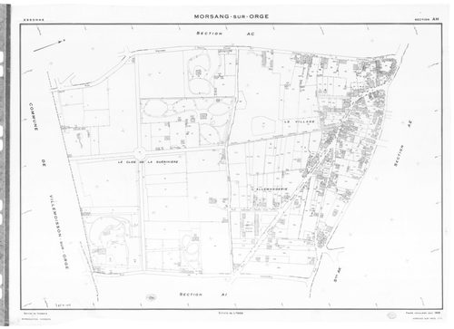 MORSANG-SUR-ORGE. - Cadastre révisé pour 1959 : plan du tableau d'assemblage ; cadastre renouvelé pour 1959 : plans de la section AB, section AC, section AD, section AE, section AH, section AI, section AK, section AL, section AM, section AN, section AO, s