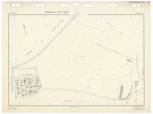 MORSANG-SUR-ORGE, plans minutes de conservation : tableau d'assemblage,1959, Ech. 1/5000 ; plans des sections AB, AC, AD, AE, AH, AI, AK, AL, AM, AN, AO, AP, AR, AS, AT, AV, AW, 1959, Ech. 1/1000. Polyester. N et B. Dim. 105 x 80 cm [18 plans]. 