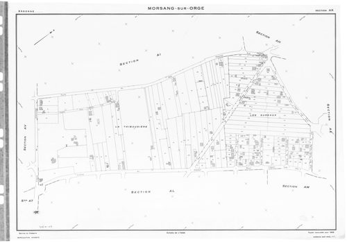 MORSANG-SUR-ORGE. - Cadastre révisé pour 1959 : plan du tableau d'assemblage ; cadastre renouvelé pour 1959 : plans de la section AB, section AC, section AD, section AE, section AH, section AI, section AK, section AL, section AM, section AN, section AO, s