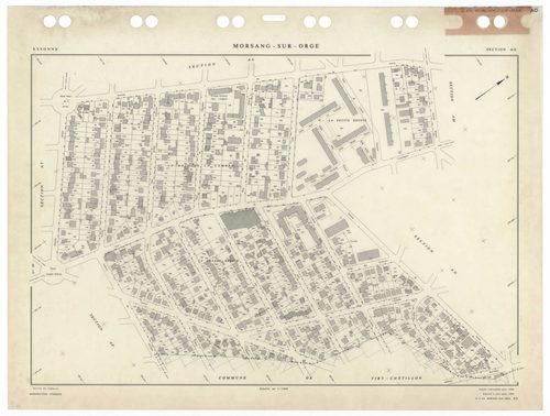 MORSANG-SUR-ORGE, plans minutes de conservation : tableau d'assemblage,1959, Ech. 1/5000 ; plans des sections AB, AC, AD, AE, AH, AI, AK, AL, AM, AN, AO, AP, AR, AS, AT, AV, AW, 1959, Ech. 1/1000. Polyester. N et B. Dim. 105 x 80 cm [18 plans]. 