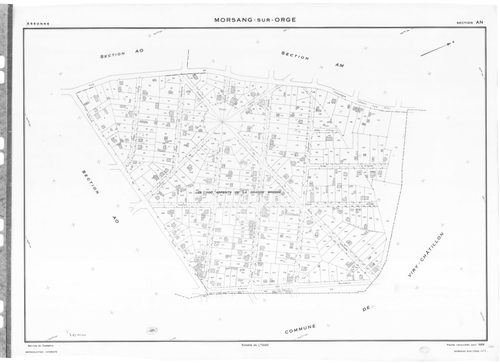 MORSANG-SUR-ORGE. - Cadastre révisé pour 1959 : plan du tableau d'assemblage ; cadastre renouvelé pour 1959 : plans de la section AB, section AC, section AD, section AE, section AH, section AI, section AK, section AL, section AM, section AN, section AO, s