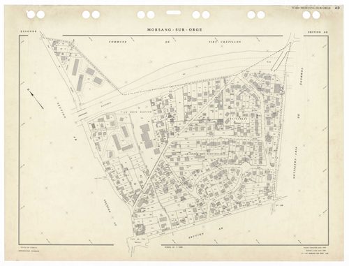 MORSANG-SUR-ORGE, plans minutes de conservation : tableau d'assemblage,1959, Ech. 1/5000 ; plans des sections AB, AC, AD, AE, AH, AI, AK, AL, AM, AN, AO, AP, AR, AS, AT, AV, AW, 1959, Ech. 1/1000. Polyester. N et B. Dim. 105 x 80 cm [18 plans]. 