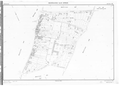 MORSANG-SUR-ORGE. - Cadastre révisé pour 1959 : plan du tableau d'assemblage ; cadastre renouvelé pour 1959 : plans de la section AB, section AC, section AD, section AE, section AH, section AI, section AK, section AL, section AM, section AN, section AO, s