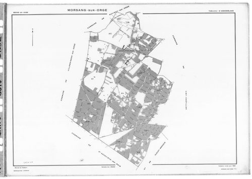 MORSANG-SUR-ORGE. - Cadastre révisé pour 1959 : plan du tableau d'assemblage ; cadastre renouvelé pour 1959 : plans de la section AB, section AC, section AD, section AE, section AH, section AI, section AK, section AL, section AM, section AN, section AO, s