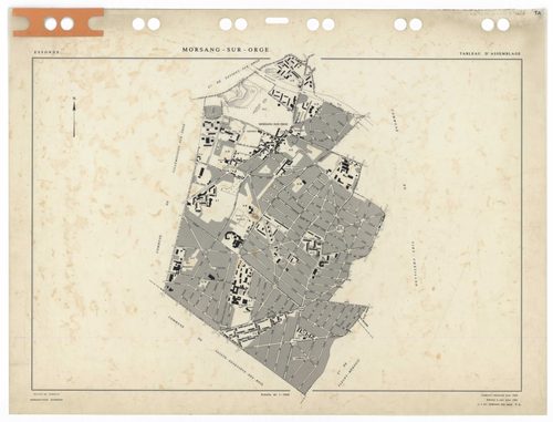MORSANG-SUR-ORGE, plans minutes de conservation : tableau d'assemblage,1959, Ech. 1/5000 ; plans des sections AB, AC, AD, AE, AH, AI, AK, AL, AM, AN, AO, AP, AR, AS, AT, AV, AW, 1959, Ech. 1/1000. Polyester. N et B. Dim. 105 x 80 cm [18 plans]. 