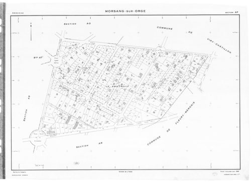 MORSANG-SUR-ORGE. - Cadastre révisé pour 1959 : plan du tableau d'assemblage ; cadastre renouvelé pour 1959 : plans de la section AB, section AC, section AD, section AE, section AH, section AI, section AK, section AL, section AM, section AN, section AO, s