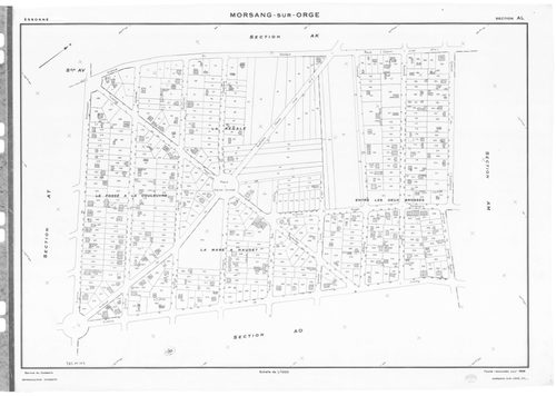 MORSANG-SUR-ORGE. - Cadastre révisé pour 1959 : plan du tableau d'assemblage ; cadastre renouvelé pour 1959 : plans de la section AB, section AC, section AD, section AE, section AH, section AI, section AK, section AL, section AM, section AN, section AO, s