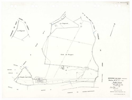 MORSANG-SUR-SEINE, plans minutes de conservation : tableau d'assemblage,1934, Ech. 1/10000 ; plans des sections A3, A5, 1934, Ech. 1/1250, sections A4, BU, 1934, Ech. 1/2500, sections AA, AC, AD, AE, AH, AI, 2001, Ech. 1/1000, section AB, 2001, Ech. 1/200
