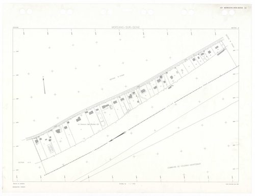 MORSANG-SUR-SEINE, plans minutes de conservation : tableau d'assemblage,1934, Ech. 1/10000 ; plans des sections A3, A5, 1934, Ech. 1/1250, sections A4, BU, 1934, Ech. 1/2500, sections AA, AC, AD, AE, AH, AI, 2001, Ech. 1/1000, section AB, 2001, Ech. 1/200