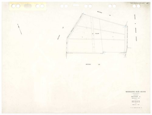 MORSANG-SUR-SEINE, plans minutes de conservation : tableau d'assemblage,1934, Ech. 1/10000 ; plans des sections A3, A5, 1934, Ech. 1/1250, sections A4, BU, 1934, Ech. 1/2500, sections AA, AC, AD, AE, AH, AI, 2001, Ech. 1/1000, section AB, 2001, Ech. 1/200