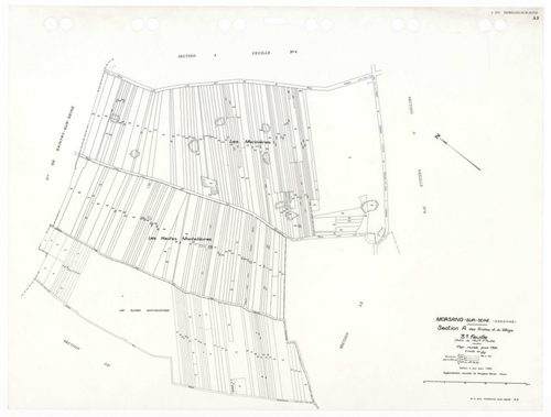MORSANG-SUR-SEINE, plans minutes de conservation : tableau d'assemblage,1934, Ech. 1/10000 ; plans des sections A3, A5, 1934, Ech. 1/1250, sections A4, BU, 1934, Ech. 1/2500, sections AA, AC, AD, AE, AH, AI, 2001, Ech. 1/1000, section AB, 2001, Ech. 1/200