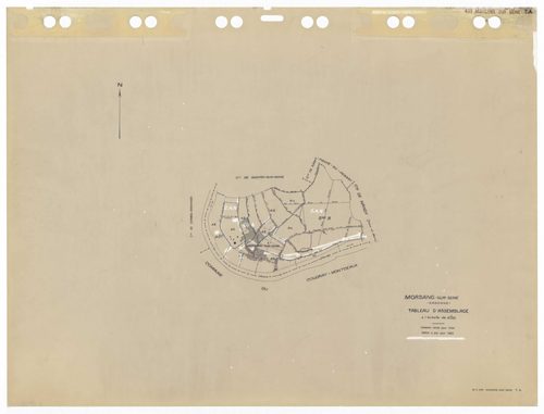MORSANG-SUR-SEINE, plans minutes de conservation : tableau d'assemblage,1934, Ech. 1/10000 ; plans des sections A3, A5, 1934, Ech. 1/1250, sections A4, BU, 1934, Ech. 1/2500, sections AA, AC, AD, AE, AH, AI, 2001, Ech. 1/1000, section AB, 2001, Ech. 1/200