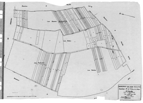 MORSANG-SUR-SEINE. - Cadastre révisé pour 1934 : plans de la section A les Friches et le Village 1ère feuille, idem 2ème feuille, idem 5ème feuille ; cadastre renouvelé pour 1938 : plan de la section A les Friches et le Village 5ème feuille, [4 plans]. 