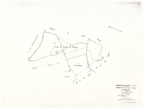 MORSANG-SUR-SEINE, plans minutes de conservation : tableau d'assemblage,1934, Ech. 1/10000 ; plans des sections A3, A5, 1934, Ech. 1/1250, sections A4, BU, 1934, Ech. 1/2500, sections AA, AC, AD, AE, AH, AI, 2001, Ech. 1/1000, section AB, 2001, Ech. 1/200
