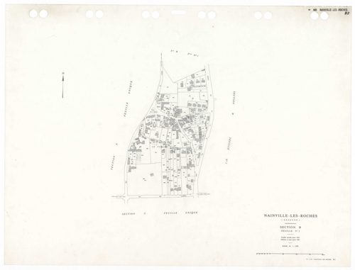 NAINVILLE-LES-ROCHES, plans minutes de conservation : tableau d'assemblage,1933, Ech. 1/10000 ; plans des sections AU, B1, CU, 1933, Ech. 1/2500, sections B2, 1933, Ech. 1/1250, sections ZA, ZB, 1962, Ech. 1/2000. Polyester. N et B. Dim. 105 x 80 cm [8 pl