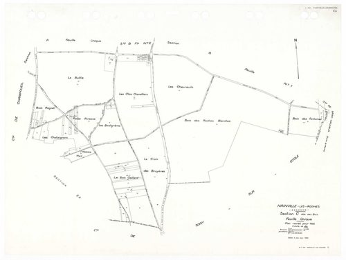 NAINVILLE-LES-ROCHES, plans minutes de conservation : tableau d'assemblage,1933, Ech. 1/10000 ; plans des sections AU, B1, CU, 1933, Ech. 1/2500, sections B2, 1933, Ech. 1/1250, sections ZA, ZB, 1962, Ech. 1/2000. Polyester. N et B. Dim. 105 x 80 cm [8 pl