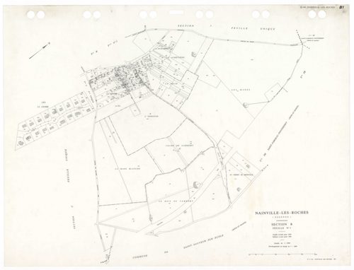 NAINVILLE-LES-ROCHES, plans minutes de conservation : tableau d'assemblage,1933, Ech. 1/10000 ; plans des sections AU, B1, CU, 1933, Ech. 1/2500, sections B2, 1933, Ech. 1/1250, sections ZA, ZB, 1962, Ech. 1/2000. Polyester. N et B. Dim. 105 x 80 cm [8 pl