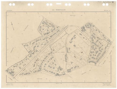 NORVILLE (LA), plans minutes de conservation : tableau d'assemblage,1959, Ech. 1/10000 ; plans des sections ZA, 1955, Ech. 1/2000, sections Cu, B1, B2, 1959, Ech. 1/2500, sections AB, AC, AD, AE, AH, 1959, Ech. 1/1000, sections AI, AK, 2005, Ech. 1/0,001.