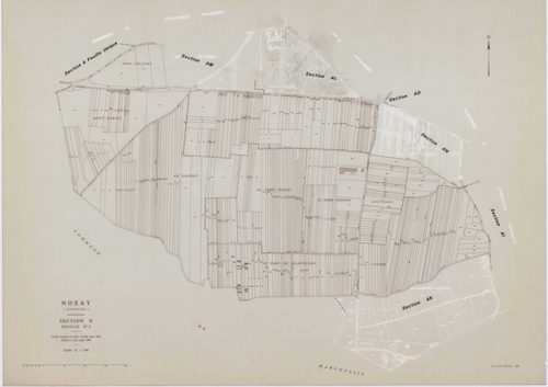 NOZAY, plans minutes de conservation : tableau d'assemblage,1942, Ech. 1/10000 ; plans des sections A, B, D2, 1942, Ech. 1/2500, section AA, 1998, Ech. 1/2000, sections AB, AC, AD, AE, AH, AI, AK, AL, AM, AN, 1998, Ech. 1/1000. Polyester. N et B. Dim. 105