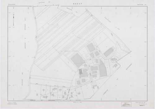 NOZAY, plans minutes de conservation : tableau d'assemblage,1942, Ech. 1/10000 ; plans des sections A, B, D2, 1942, Ech. 1/2500, section AA, 1998, Ech. 1/2000, sections AB, AC, AD, AE, AH, AI, AK, AL, AM, AN, 1998, Ech. 1/1000. Polyester. N et B. Dim. 105