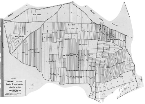 NOZAY. - Cadastre révisé pour 1942 : plans de la section B Lunezy, section C la Croix, section D le Long Réage, section E le Village ; cadastre révisé pour 1942 mis à jour pour 1975 : plans de la section A Villarceaux, section D le Long Réage, [6 plans]. 