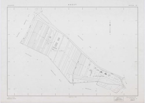 NOZAY, plans minutes de conservation : tableau d'assemblage,1942, Ech. 1/10000 ; plans des sections A, B, D2, 1942, Ech. 1/2500, section AA, 1998, Ech. 1/2000, sections AB, AC, AD, AE, AH, AI, AK, AL, AM, AN, 1998, Ech. 1/1000. Polyester. N et B. Dim. 105