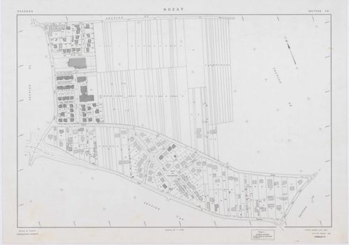 NOZAY, plans minutes de conservation : tableau d'assemblage,1942, Ech. 1/10000 ; plans des sections A, B, D2, 1942, Ech. 1/2500, section AA, 1998, Ech. 1/2000, sections AB, AC, AD, AE, AH, AI, AK, AL, AM, AN, 1998, Ech. 1/1000. Polyester. N et B. Dim. 105