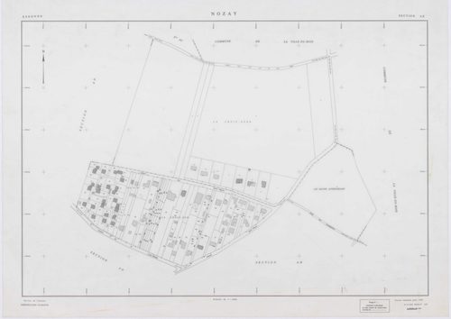 NOZAY, plans minutes de conservation : tableau d'assemblage,1942, Ech. 1/10000 ; plans des sections A, B, D2, 1942, Ech. 1/2500, section AA, 1998, Ech. 1/2000, sections AB, AC, AD, AE, AH, AI, AK, AL, AM, AN, 1998, Ech. 1/1000. Polyester. N et B. Dim. 105