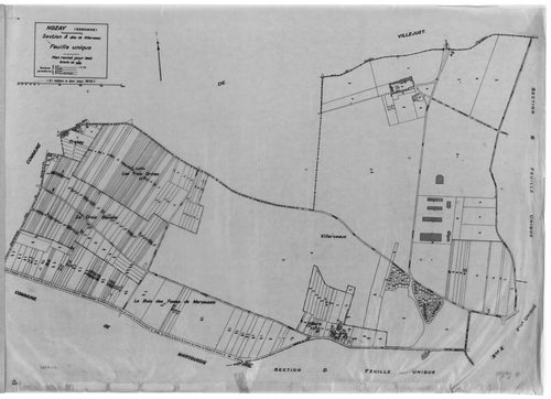 NOZAY. - Cadastre révisé pour 1942 : plans de la section B Lunezy, section C la Croix, section D le Long Réage, section E le Village ; cadastre révisé pour 1942 mis à jour pour 1975 : plans de la section A Villarceaux, section D le Long Réage, [6 plans]. 