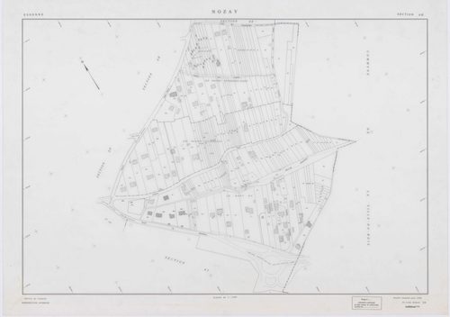 NOZAY, plans minutes de conservation : tableau d'assemblage,1942, Ech. 1/10000 ; plans des sections A, B, D2, 1942, Ech. 1/2500, section AA, 1998, Ech. 1/2000, sections AB, AC, AD, AE, AH, AI, AK, AL, AM, AN, 1998, Ech. 1/1000. Polyester. N et B. Dim. 105