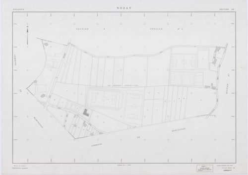 NOZAY, plans minutes de conservation : tableau d'assemblage,1942, Ech. 1/10000 ; plans des sections A, B, D2, 1942, Ech. 1/2500, section AA, 1998, Ech. 1/2000, sections AB, AC, AD, AE, AH, AI, AK, AL, AM, AN, 1998, Ech. 1/1000. Polyester. N et B. Dim. 105