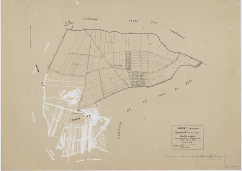 NOZAY, plans minutes de conservation : tableau d'assemblage,1942, Ech. 1/10000 ; plans des sections A, B, D2, 1942, Ech. 1/2500, section AA, 1998, Ech. 1/2000, sections AB, AC, AD, AE, AH, AI, AK, AL, AM, AN, 1998, Ech. 1/1000. Polyester. N et B. Dim. 105