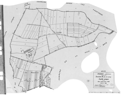 NOZAY. - Cadastre révisé pour 1942 : plans de la section B Lunezy, section C la Croix, section D le Long Réage, section E le Village ; cadastre révisé pour 1942 mis à jour pour 1975 : plans de la section A Villarceaux, section D le Long Réage, [6 plans]. 
