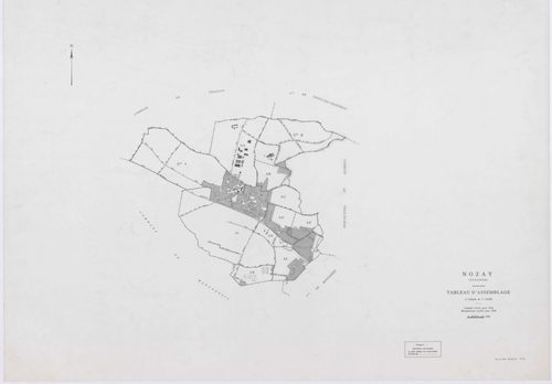 NOZAY, plans minutes de conservation : tableau d'assemblage,1942, Ech. 1/10000 ; plans des sections A, B, D2, 1942, Ech. 1/2500, section AA, 1998, Ech. 1/2000, sections AB, AC, AD, AE, AH, AI, AK, AL, AM, AN, 1998, Ech. 1/1000. Polyester. N et B. Dim. 105