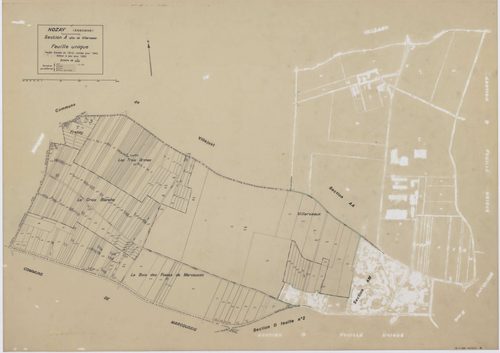 NOZAY, plans minutes de conservation : tableau d'assemblage,1942, Ech. 1/10000 ; plans des sections A, B, D2, 1942, Ech. 1/2500, section AA, 1998, Ech. 1/2000, sections AB, AC, AD, AE, AH, AI, AK, AL, AM, AN, 1998, Ech. 1/1000. Polyester. N et B. Dim. 105