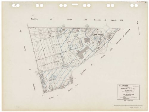 OLLAINVILLE, plans minutes de conservation : tableau d'assemblage,1938, Ech. 1/10000 ; plans des sections A1, A2, A3, B1, C1, D1, 1938, Ech. 1/2500, sections D3, D4, 1938, Ech. 1/1250, sections AA, AB, AC, AD, AE, AH, AI, AK, AL, AM, AN, AP, AR, 2000, Ech