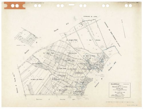 OLLAINVILLE, plans minutes de conservation : tableau d'assemblage,1938, Ech. 1/10000 ; plans des sections A1, A2, A3, B1, C1, D1, 1938, Ech. 1/2500, sections D3, D4, 1938, Ech. 1/1250, sections AA, AB, AC, AD, AE, AH, AI, AK, AL, AM, AN, AP, AR, 2000, Ech