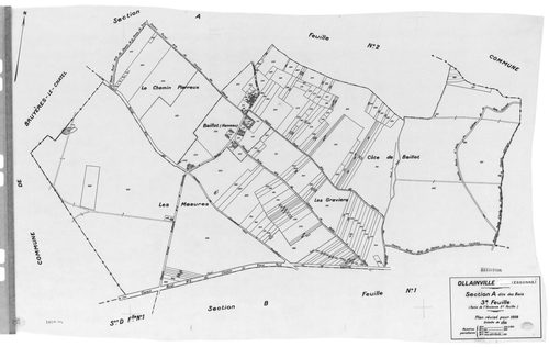 OLLAINVILLE. - Cadastre révisé pour 1938 : plan du tableau d'assemblage , plans de la section A les Bois 1ère feuille, idem 2ème feuille, idem 3ème feuille, section B la Roche 1ère feuille, idem 2ème feuille, section C l'Est 1ère feuille, idem 2ème feuill