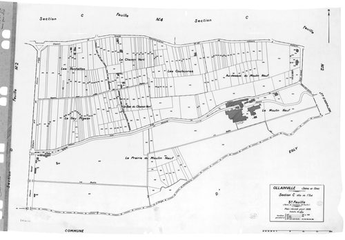 OLLAINVILLE. - Cadastre révisé pour 1938 : plan du tableau d'assemblage , plans de la section A les Bois 1ère feuille, idem 2ème feuille, idem 3ème feuille, section B la Roche 1ère feuille, idem 2ème feuille, section C l'Est 1ère feuille, idem 2ème feuill