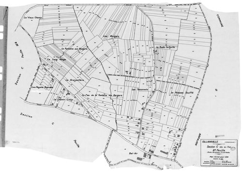 OLLAINVILLE. - Cadastre révisé pour 1938 : plan du tableau d'assemblage , plans de la section A les Bois 1ère feuille, idem 2ème feuille, idem 3ème feuille, section B la Roche 1ère feuille, idem 2ème feuille, section C l'Est 1ère feuille, idem 2ème feuill