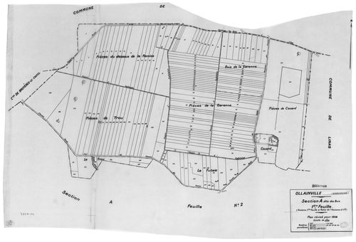 OLLAINVILLE. - Cadastre révisé pour 1938 : plan du tableau d'assemblage , plans de la section A les Bois 1ère feuille, idem 2ème feuille, idem 3ème feuille, section B la Roche 1ère feuille, idem 2ème feuille, section C l'Est 1ère feuille, idem 2ème feuill