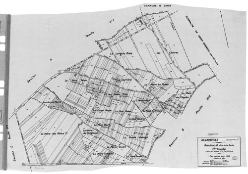 OLLAINVILLE. - Cadastre révisé pour 1938 : plan du tableau d'assemblage , plans de la section A les Bois 1ère feuille, idem 2ème feuille, idem 3ème feuille, section B la Roche 1ère feuille, idem 2ème feuille, section C l'Est 1ère feuille, idem 2ème feuill