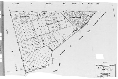 OLLAINVILLE. - Cadastre révisé pour 1938 : plan du tableau d'assemblage , plans de la section A les Bois 1ère feuille, idem 2ème feuille, idem 3ème feuille, section B la Roche 1ère feuille, idem 2ème feuille, section C l'Est 1ère feuille, idem 2ème feuill